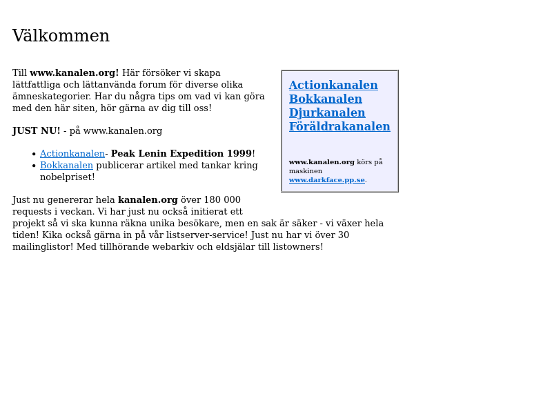 Kanalen.org i december 1998, med en liten lila samlingsplats på en vit sida.